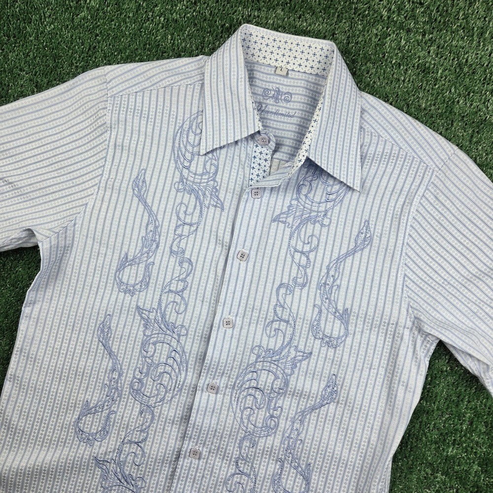 Y2K Embroidered Striped Short Sleeve Button Down Shirt Blue White Large